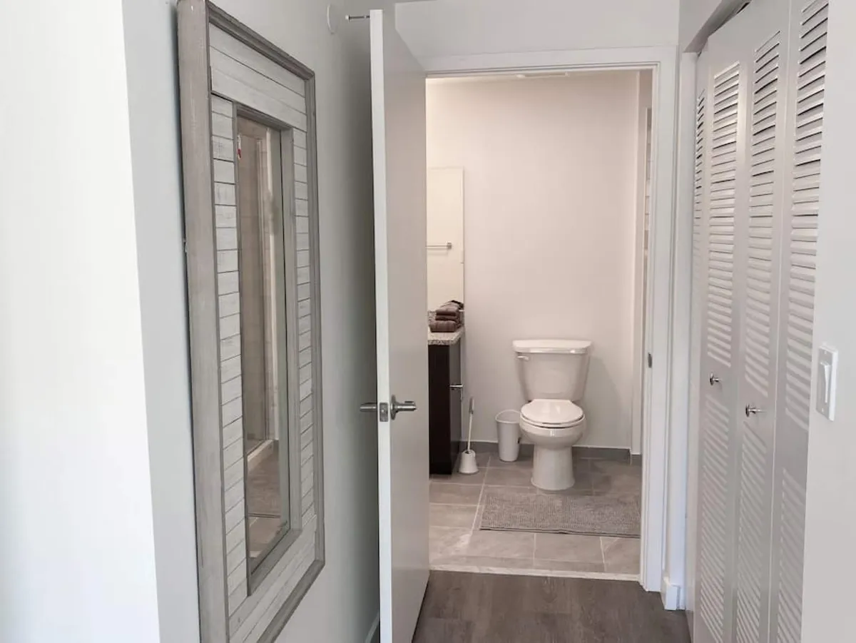 A bright hallway with a large mirror framed in wood on the wall, white louvered closet doors to the right, and an open door leading to a clean bathroom with a visible toilet. The scene is orderly and welcoming, capturing the initial entry experience of the apartment and highlighting practical storage and easy bathroom access.